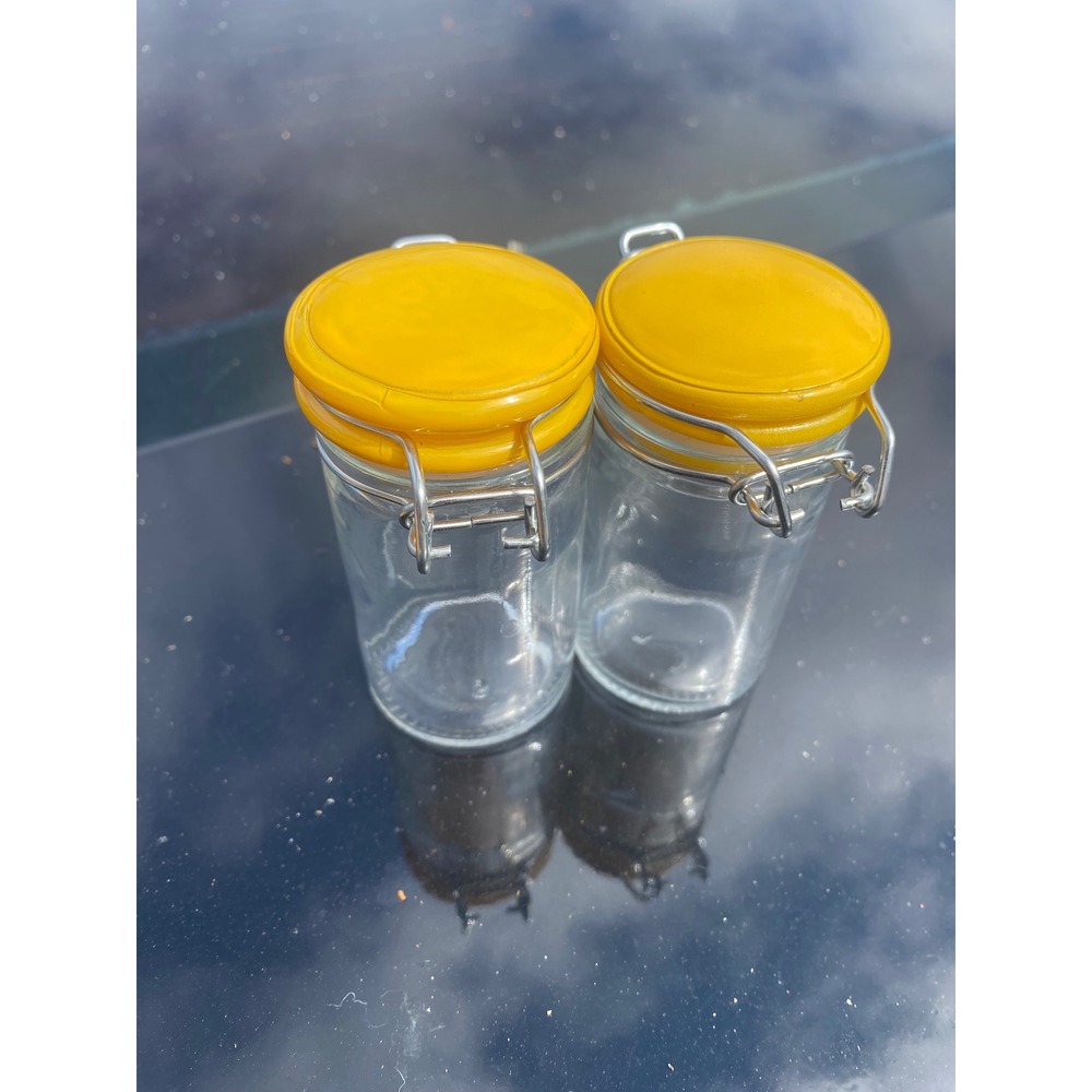 Set of 2 Mini Glass Spice Jars with Yellow Ceramic Swing Top Lids Canisters